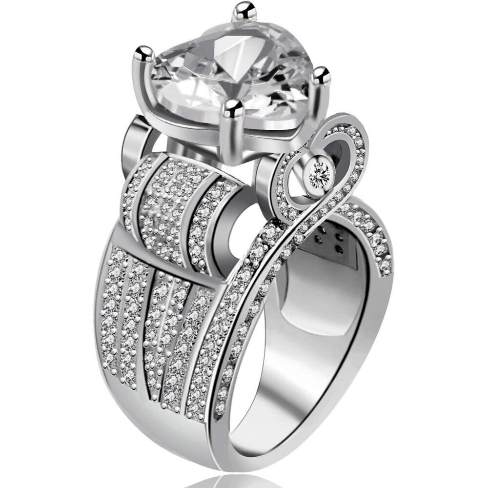 🆕 Women Silver Cubic Zirconia Ring Platinum Big Love Heart Statement Engagement